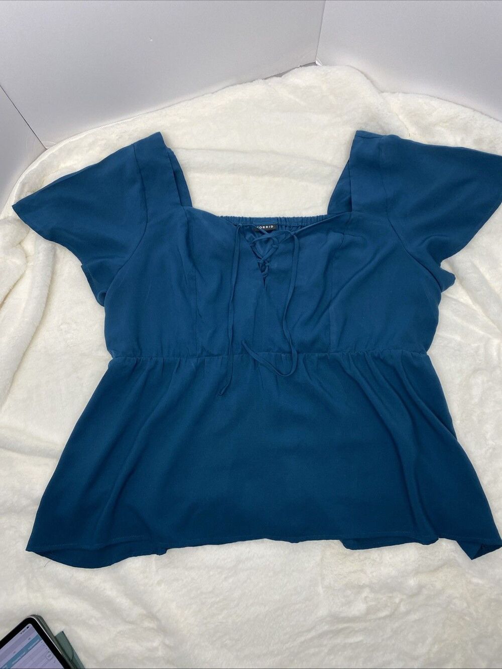 Torrid Teal Challis Babydoll Top Sz 3 | Boho Cottagecore Lace Up Flutter Sleeve